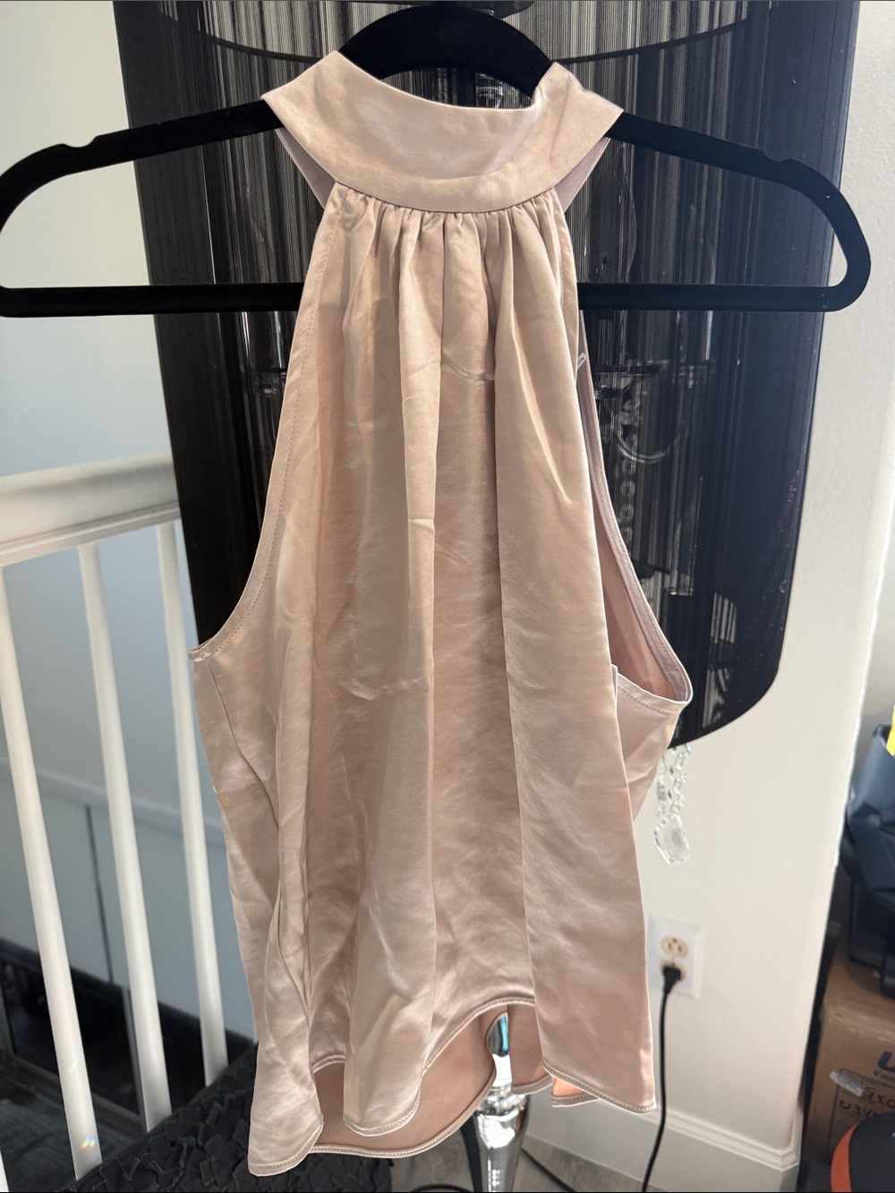 Sleeveless High-Neck Satin Blouse in Blush